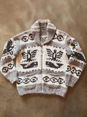 Authentic Hand Knit Coast Salish Cowichan Sweater Cardigan XL Thunderbird Orca